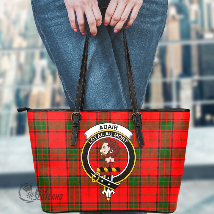 Scottish Adair Tartan Crest Leather Tote Bag Full Plaid