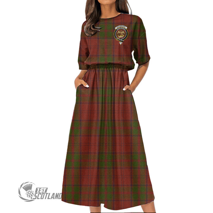 Scottish Drummond Clan Tartan Crest Elastic Waist Dress Full Plaid