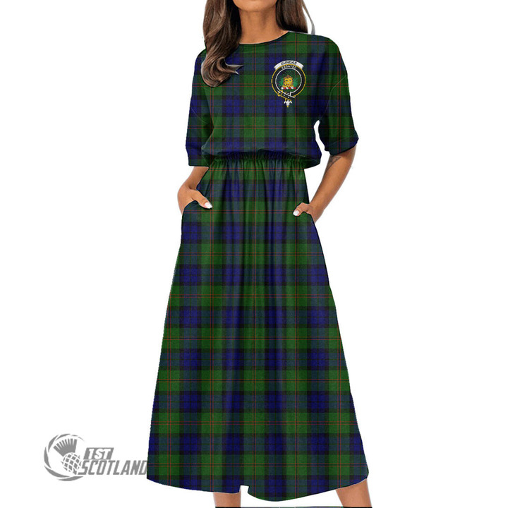 Scottish Dundas Modern Tartan Crest Elastic Waist Dress Full Plaid
