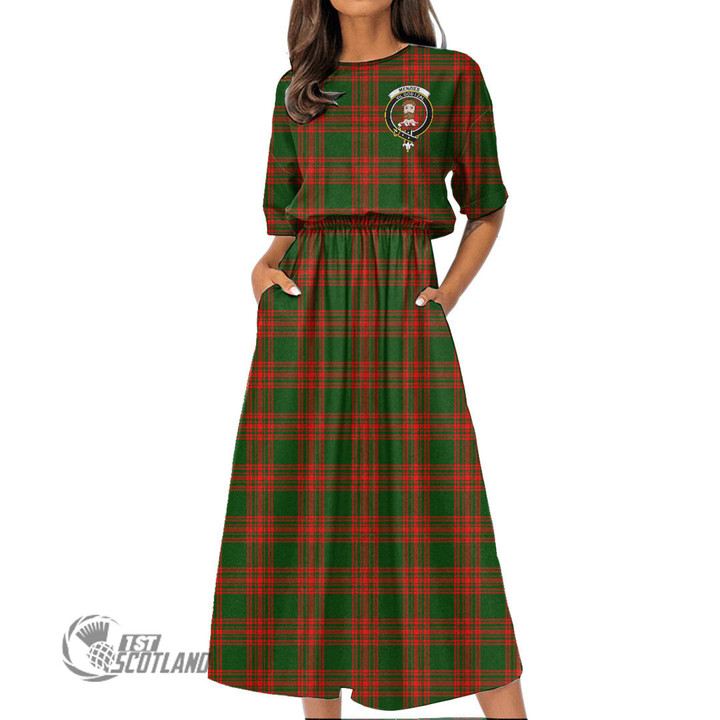 Scottish Menzies Green Modern Tartan Crest Elastic Waist Dress Full Plaid