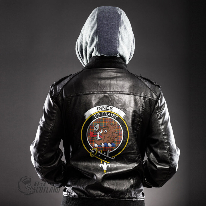 Scottish Innes Ancient Tartan Crest Leather Jacket Scottish Badge
