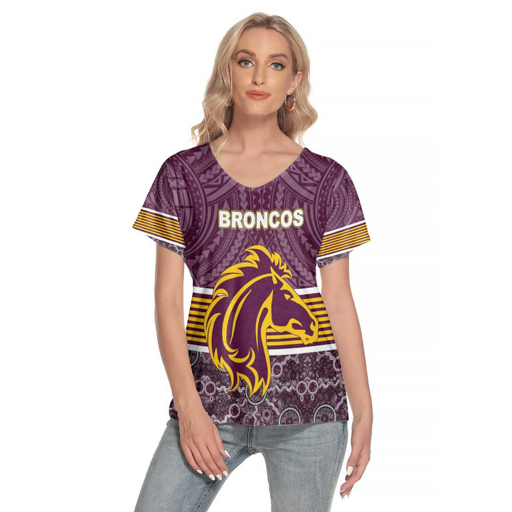 Love New Zealand  Clothing - Brisbane Broncos Tattoo Style Women's Deep V-neck Short Sleeve T-shirt A31