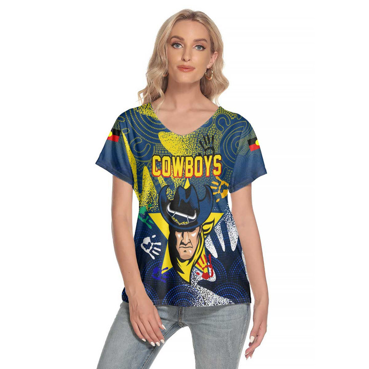 Love New Zealand  Clothing - North Queensland Cowboys Naidoc 2022 Women's Deep V-neck Short Sleeve T-shirt A31