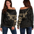 LoveNewZealand Clothing - Polynesian Tattoo Style Crow - Gold Version Off Shoulder Sweater A7 | LoveNewZealand