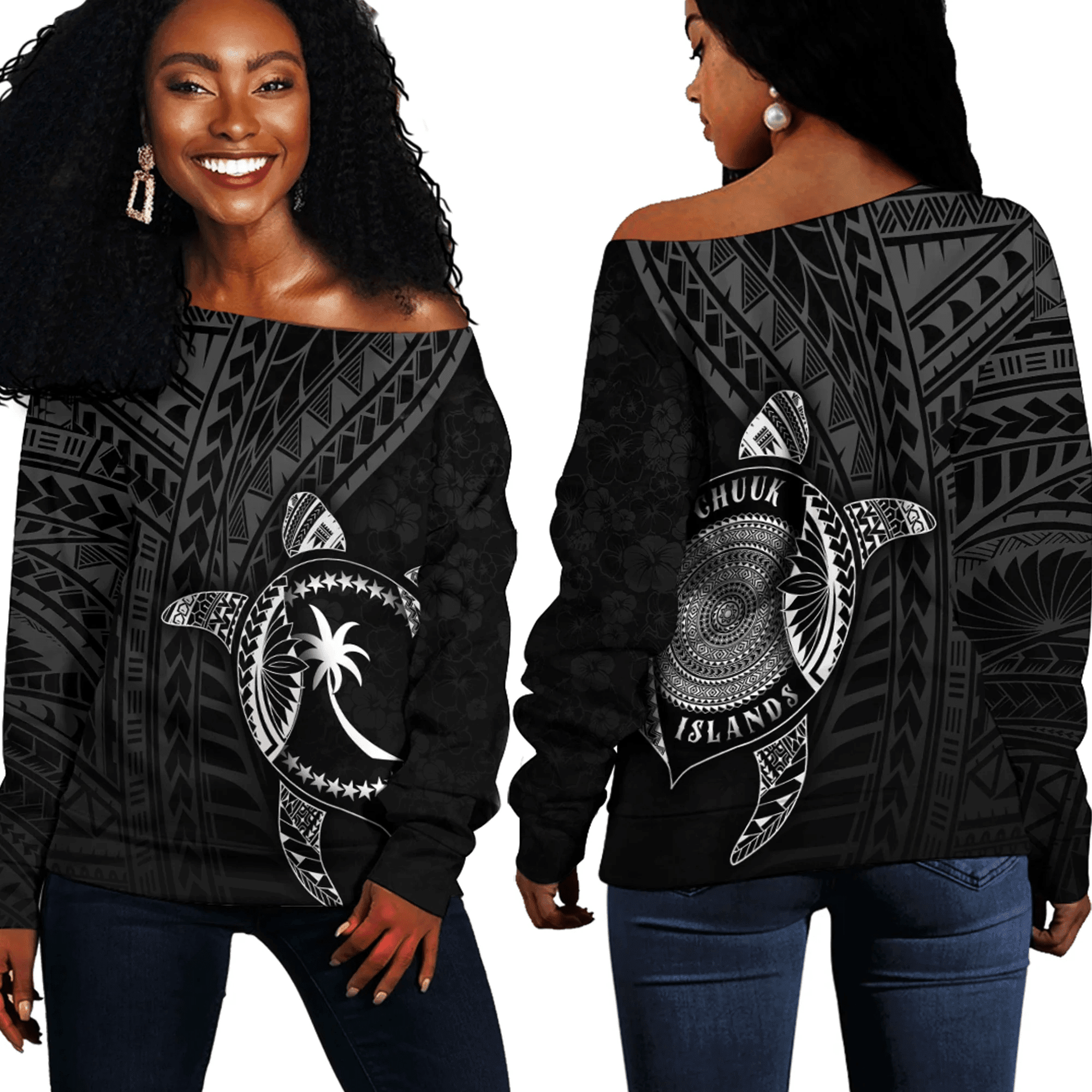 Love New Zealand Clothing - Chuuk Islands Polynesia Turtle Coat Of Arms Off Shoulder Sweaters A95 | Love New Zealand