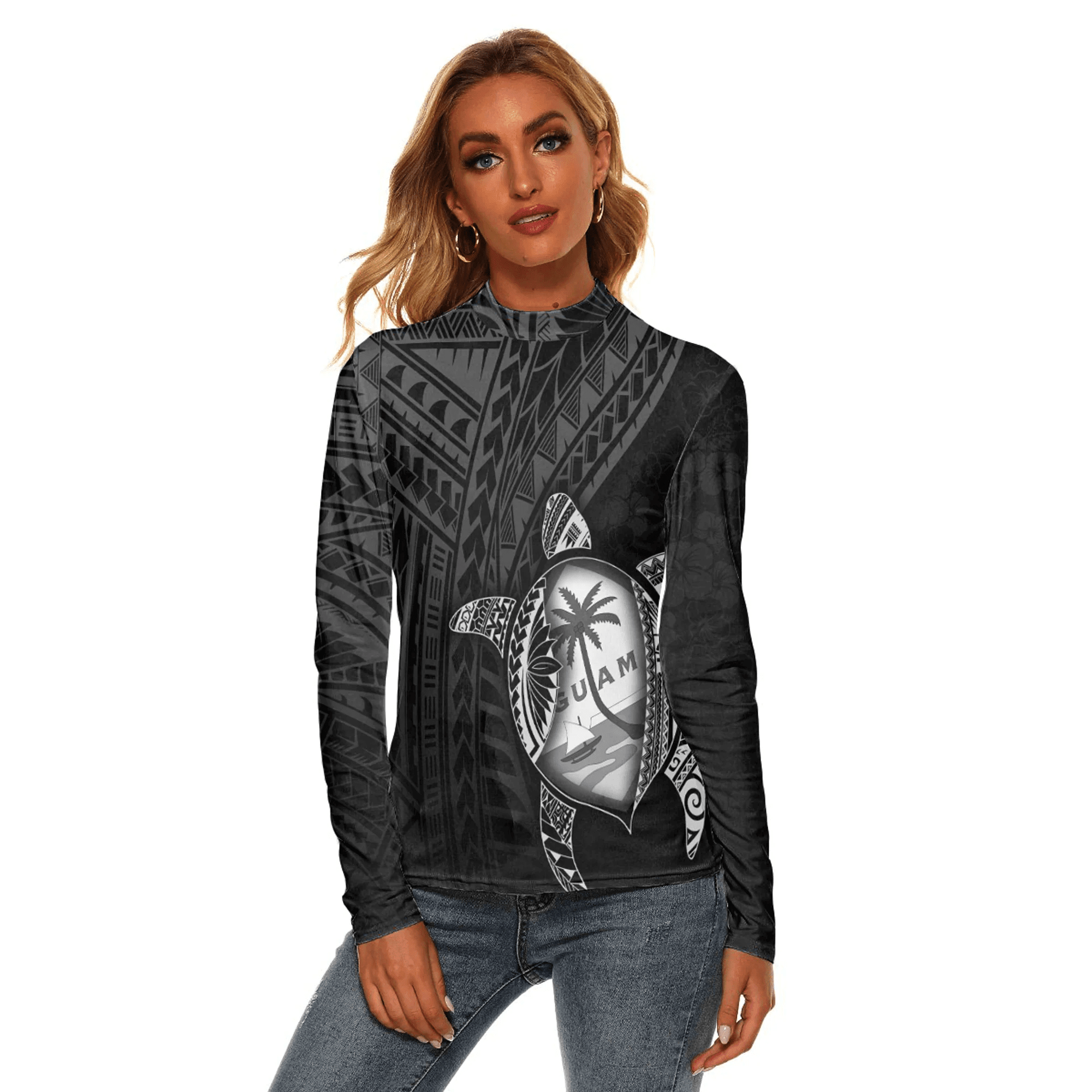 Love New Zealand Clothing - Guam Polynesia Turtle Coat Of Arms Women's Stretchable Turtleneck Top A95 | Love New Zealand