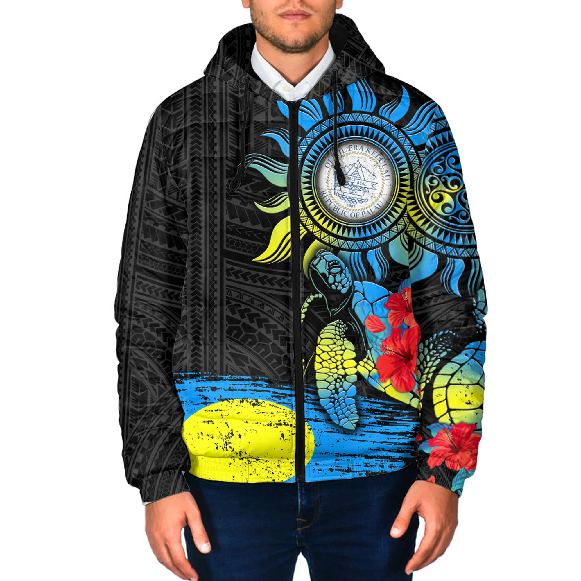 New Caledonia Polynesian Sun and Turtle Tattoo Hooded Padded Jacket A35 | Love New Zealand