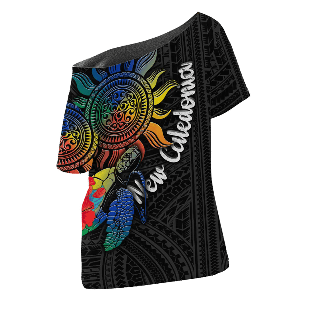 New Caledonia Polynesian Sun and Turtle Tattoo Off Shoulder T-Shirt A35 | Love New Zealand