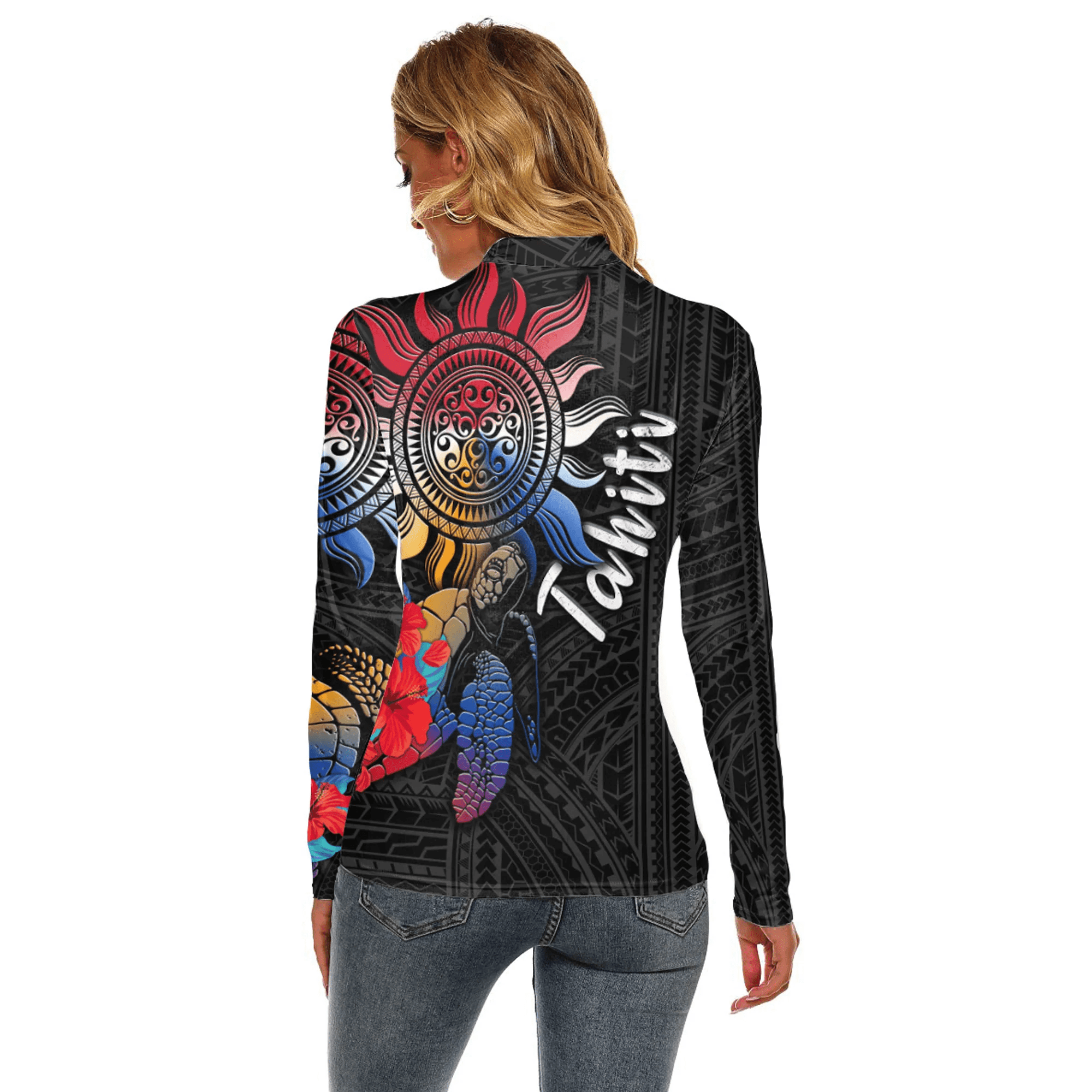 New Caledonia Polynesian Sun and Turtle Tattoo Women's Stretchable Turtleneck Top A35 | Love New Zealand