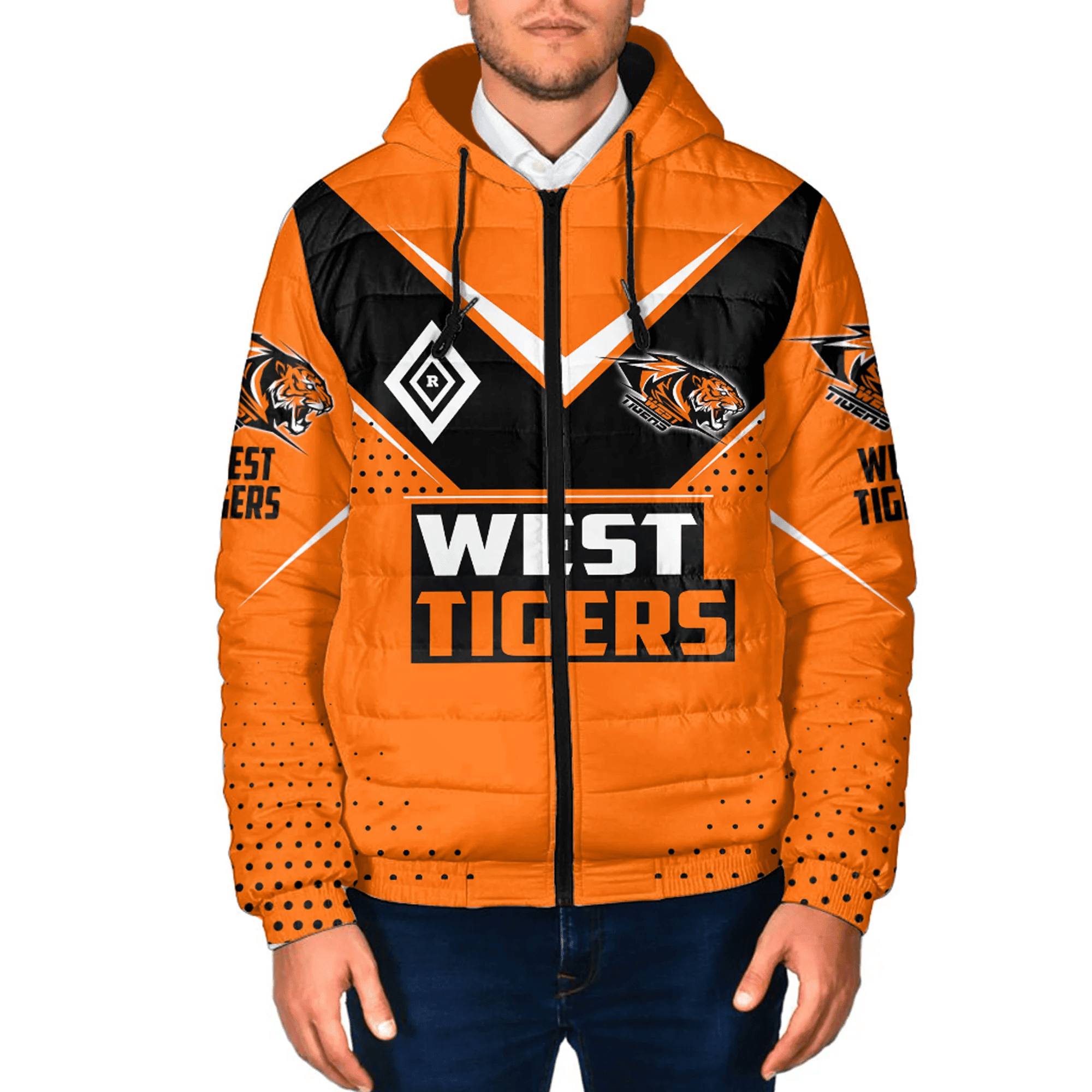 West Tigers Sport Pattern 2023 Hooded Padded Jacket A35 | Love New Zealand