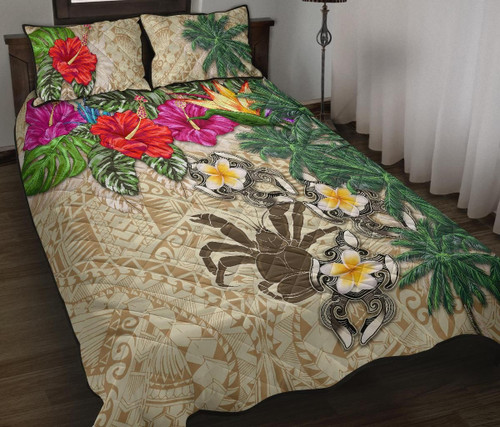 Love New Zealand Quilt Bed Set - Niue Quilt Bed Set - Hibiscus Turtle Tattoo Beige A02