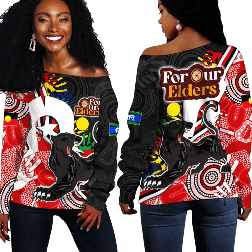 Love New Zealand Clothing - Penrith Panthers For Our Elders NAIDOC 2023 Off Shoulder Sweaters A35