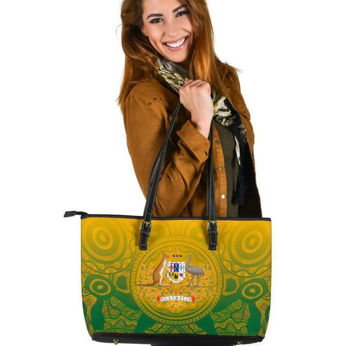 Australia Aboriginal Leather Tote Bag, Australia Rugby and Coat Of Arms Ver02- BN18
