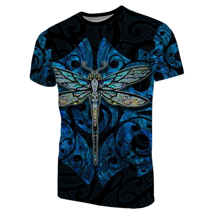 Dragonfly Paua Shell T-Shirt Mix Maori Tattoo Blue