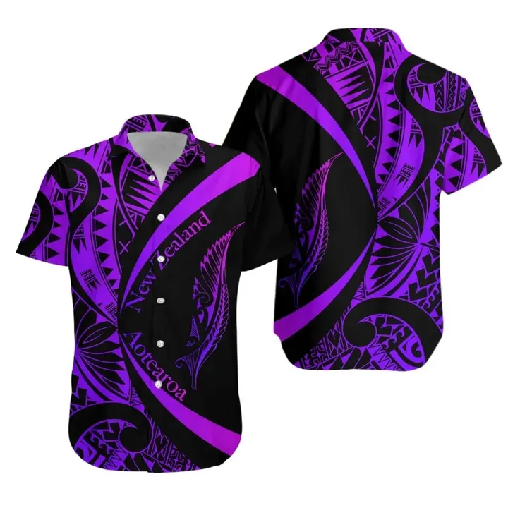 New Zealand Silver Fern Hawaiian Shirt Maori Tattoo Circle Style - Purple J95 | Lovenewzealand.co