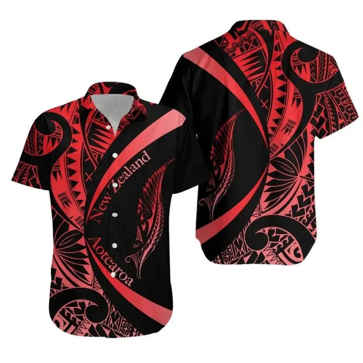 New Zealand Silver Fern Hawaiian Shirt Maori Tattoo Circle Style - Red J95 | Lovenewzealand.co