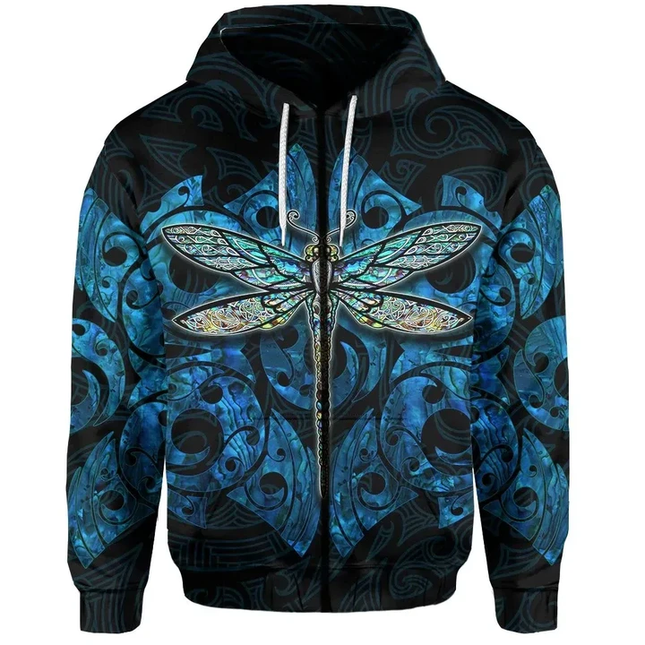 Dragonfly Paua Shell Zip-Hoodie Mix Maori Tattoo Blue TH4| Lovenewzealand.co