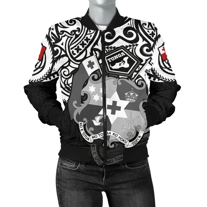 Tonga Polynesian Bomber Jacket (Women) - Tongan Pride (White) - Bn15 | Lovenewzealand.co