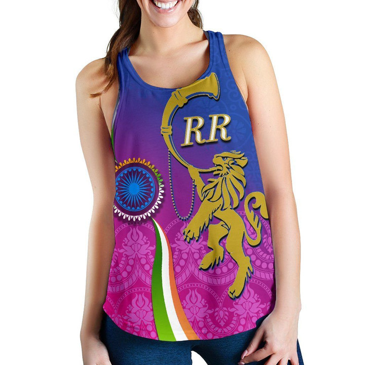 India Cricket Women Racerback Tank - Rajasthan Royals Version RR Front | rugbylife.co