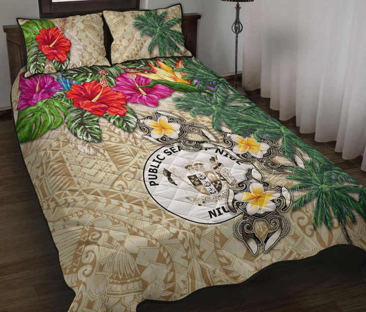 Niue Quilt Bed Set - Hibiscus Turtle Tattoo Beige A02 | Lovenewzealand.co
