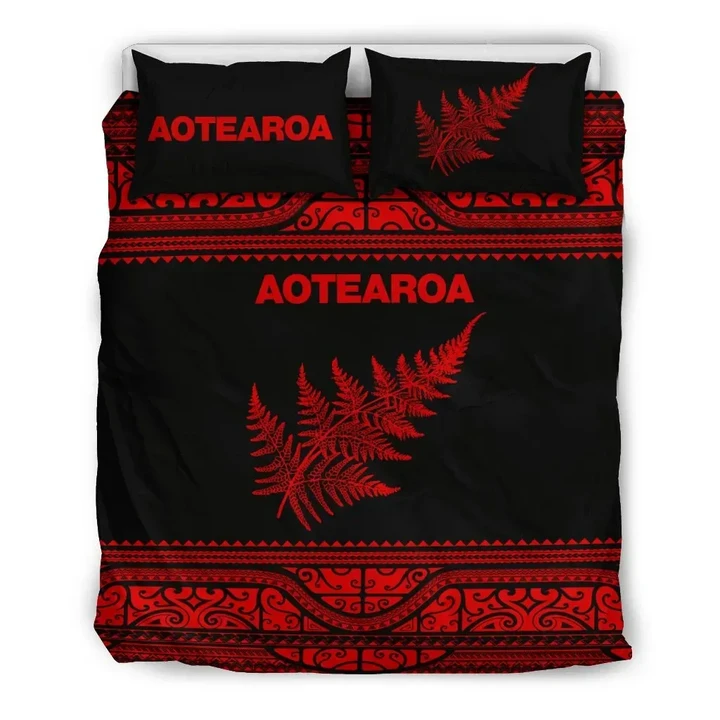 Aotearoa New Zealand Maori Bedding Set Silver Fern - Red K4x | Lovenewzealand.co