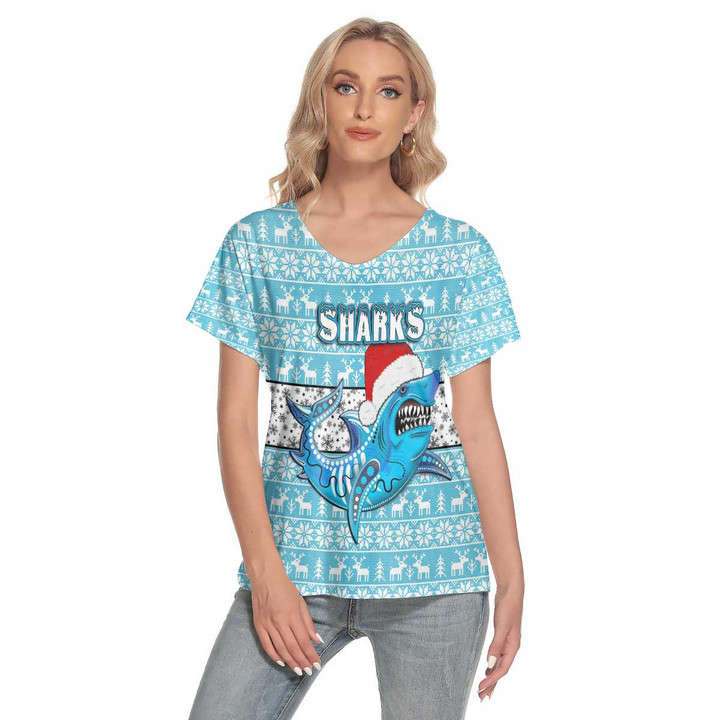 Love New Zealand  Clothing - (Custom) Cronulla-Sutherland Sharks Christmas Women's Deep V-neck Short Sleeve T-shirt A31