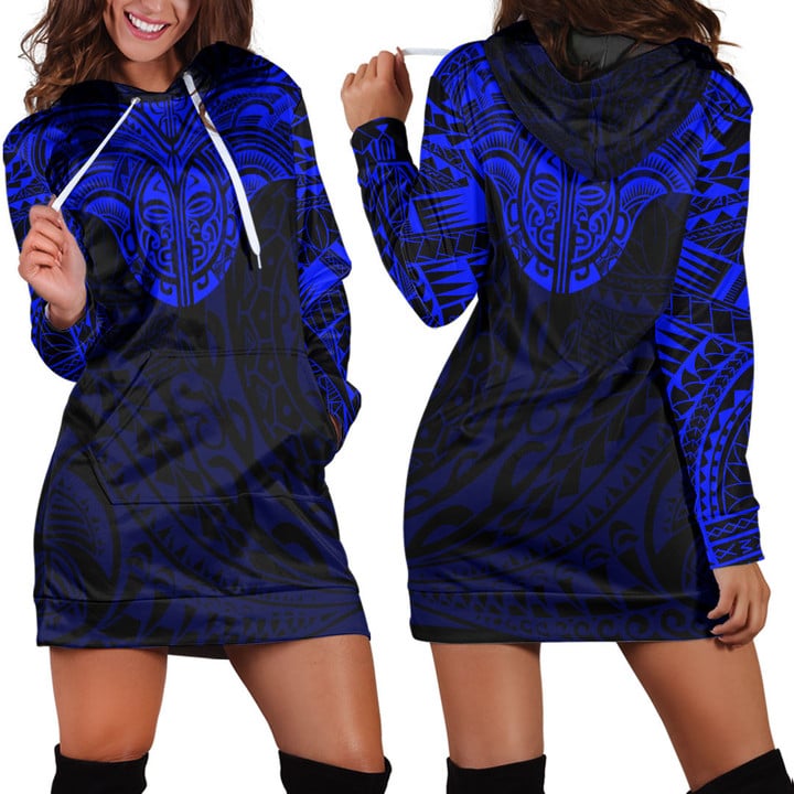 LoveNewZealand Clothing - Polynesian Tattoo Style Tattoo - Blue Version Hoodie Dress A7 | LoveNewZealand