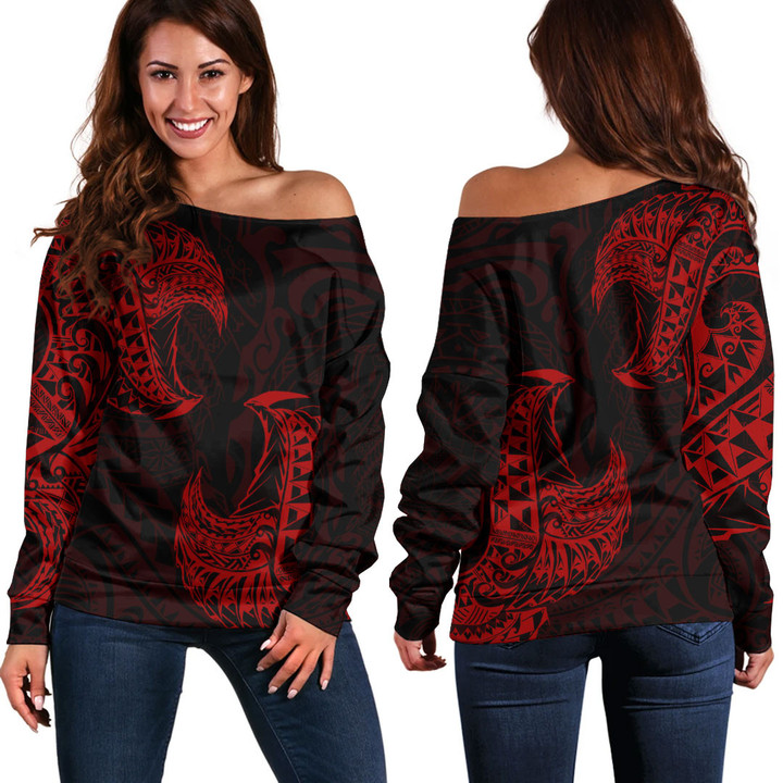 LoveNewZealand Clothing - Polynesian Tattoo Style Tatau - Red Version Off Shoulder Sweater A7 | LoveNewZealand