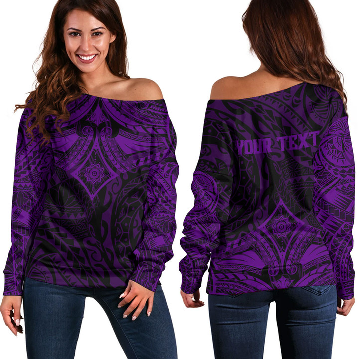 LoveNewZealand Clothing - (Custom) Polynesian Tattoo Style Flower - Purple Version Off Shoulder Sweater A7 | LoveNewZealand