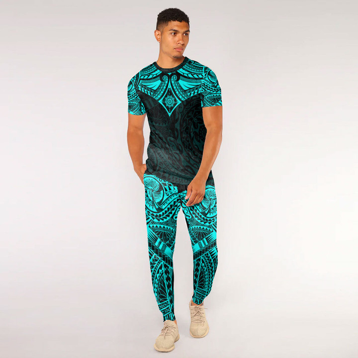 LoveNewZealand Clothing - (Custom) Polynesian Tattoo Style Flower - Cyan Version T-Shirt and Jogger Pants A7 | LoveNewZealand