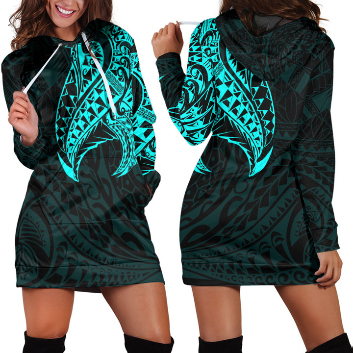 LoveNewZealand Clothing - Polynesian Tattoo Style Tatau - Cyan Version Hoodie Dress A7 | LoveNewZealand