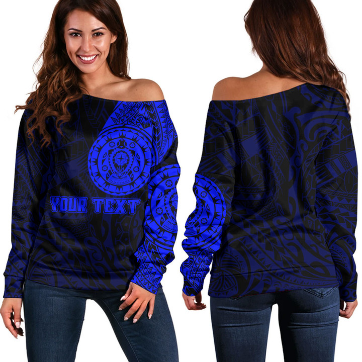 LoveNewZealand Clothing - (Custom) Polynesian Tattoo Style Turtle - Blue Version Off Shoulder Sweater A7 | LoveNewZealand