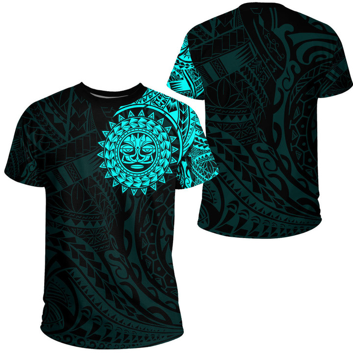 LoveNewZealand Clothing - Polynesian Sun Tattoo Style - Cyan Version T-Shirt A7 | LoveNewZealand