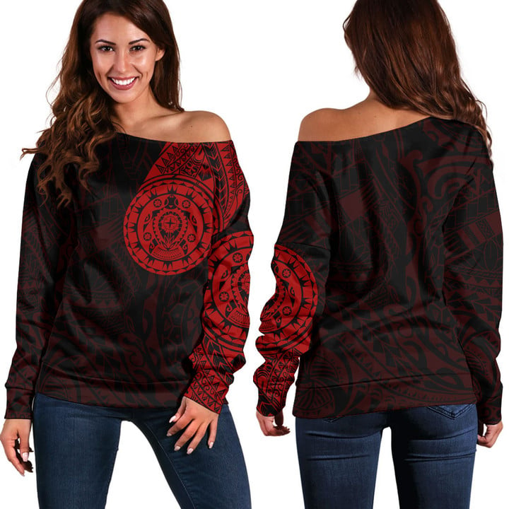 LoveNewZealand Clothing - Polynesian Tattoo Style Turtle - Red Version Off Shoulder Sweater A7 | LoveNewZealand