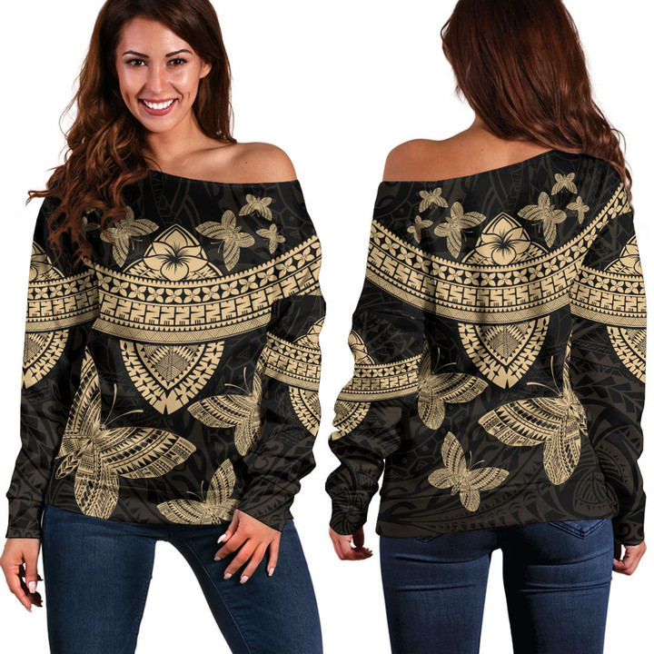 LoveNewZealand Clothing - Polynesian Tattoo Style Butterfly - Gold Version Off Shoulder Sweater A7 | LoveNewZealand