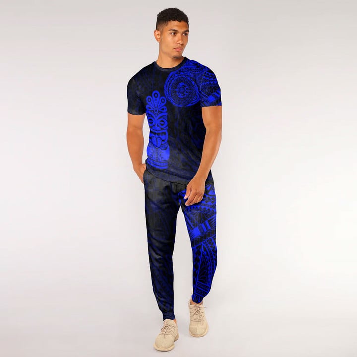 LoveNewZealand Clothing - Polynesian Tattoo Style Tiki - Blue Version T-Shirt and Jogger Pants A7 | LoveNewZealand
