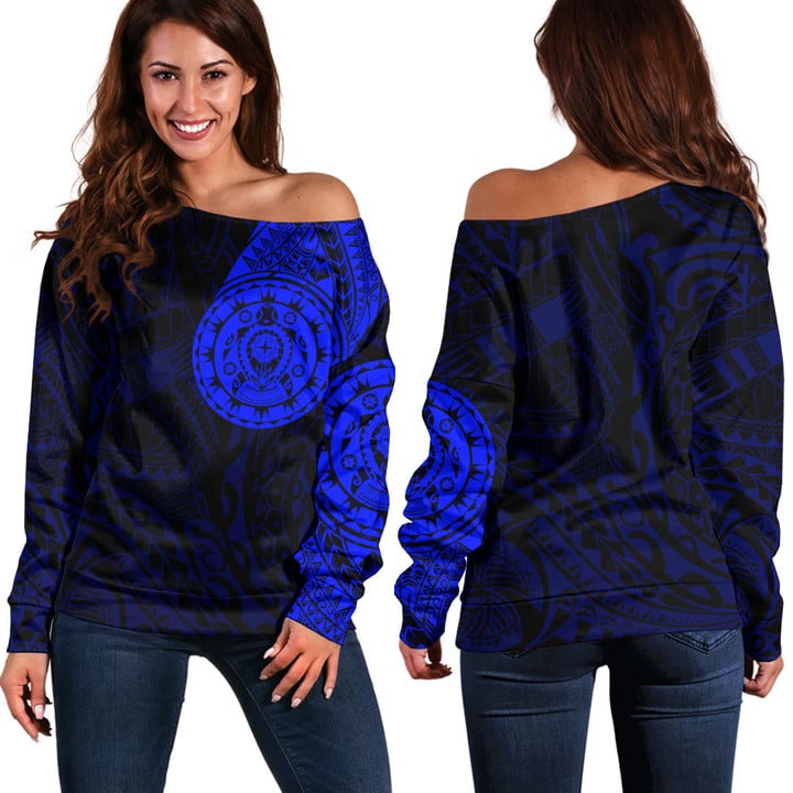 LoveNewZealand Clothing - Polynesian Tattoo Style Turtle - Blue Version Off Shoulder Sweater A7 | LoveNewZealand