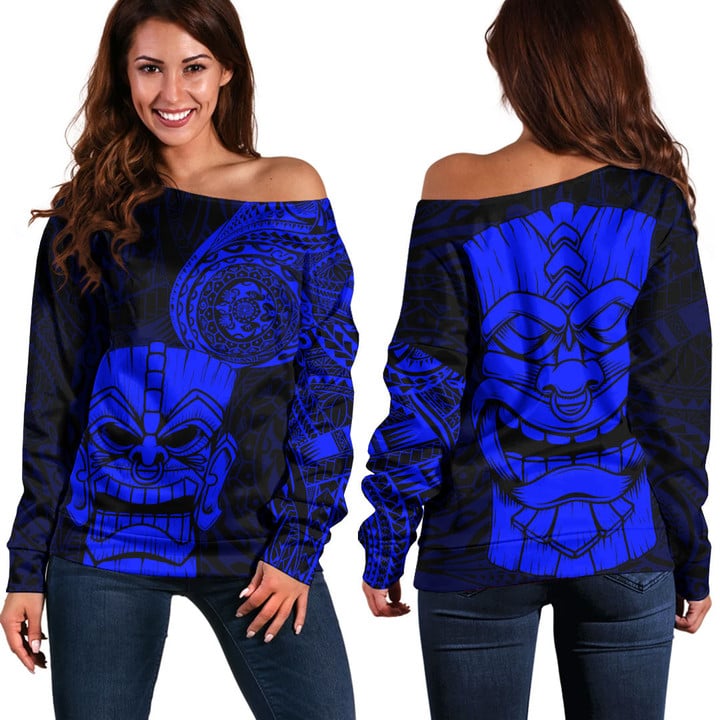 LoveNewZealand Clothing - Polynesian Tattoo Style Tiki - Blue Version Off Shoulder Sweater A7 | LoveNewZealand