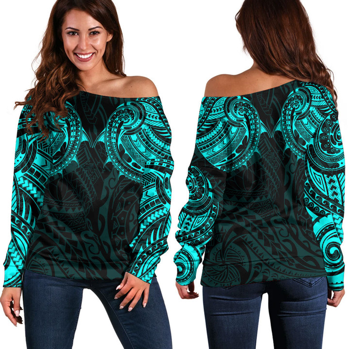 LoveNewZealand Clothing - Polynesian Tattoo Style - Cyan Version Off Shoulder Sweater A7 | LoveNewZealand