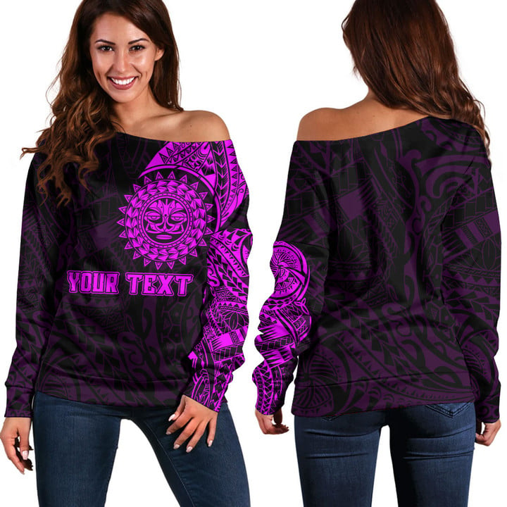 LoveNewZealand Clothing - (Custom) Polynesian Sun Tattoo Style - Pink Version Off Shoulder Sweater A7 | LoveNewZealand