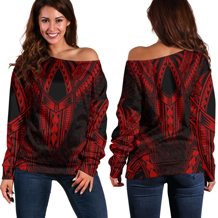 LoveNewZealand Clothing - Polynesian Tattoo Style - Red Version Off Shoulder Sweater A7 | LoveNewZealand