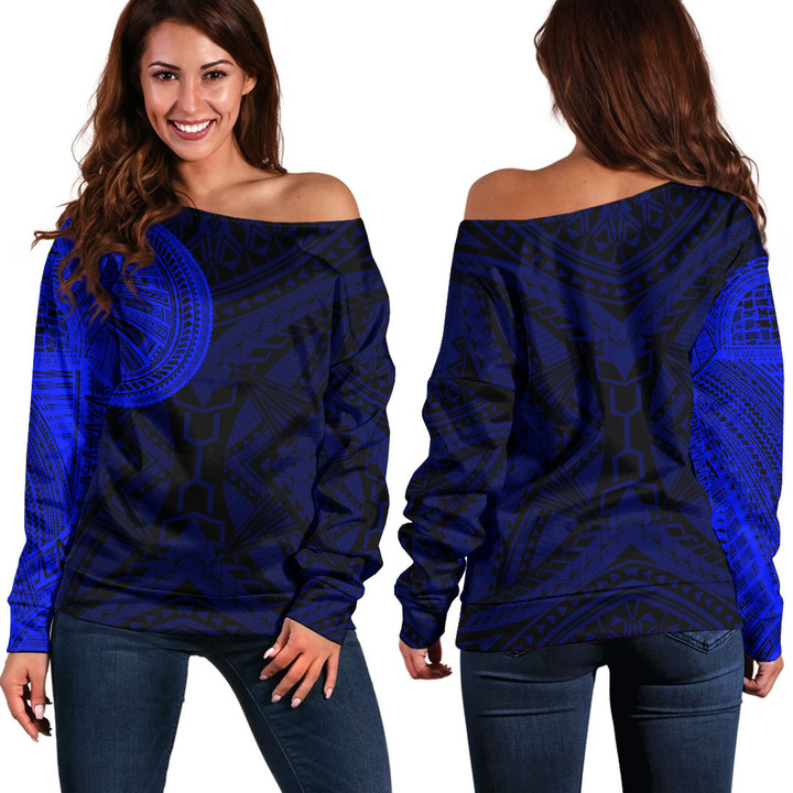 LoveNewZealand Clothing - Polynesian Tattoo Style - Blue Version Off Shoulder Sweater A7 | LoveNewZealand