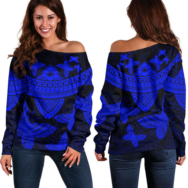 LoveNewZealand Clothing - Polynesian Tattoo Style Butterfly - Blue Version Off Shoulder Sweater A7 | LoveNewZealand