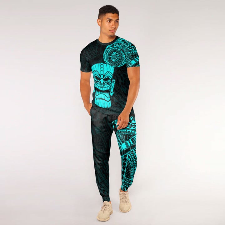 LoveNewZealand Clothing - Polynesian Tattoo Style Tiki - Cyan Version T-Shirt and Jogger Pants A7 | LoveNewZealand