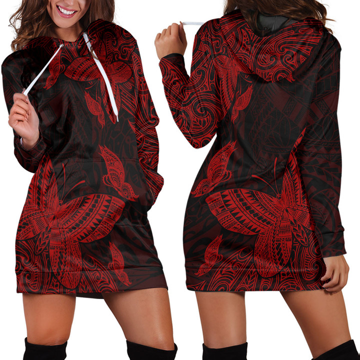 LoveNewZealand Clothing - Polynesian Tattoo Style Butterfly Special Version - Red Version Hoodie Dress A7 | LoveNewZealand