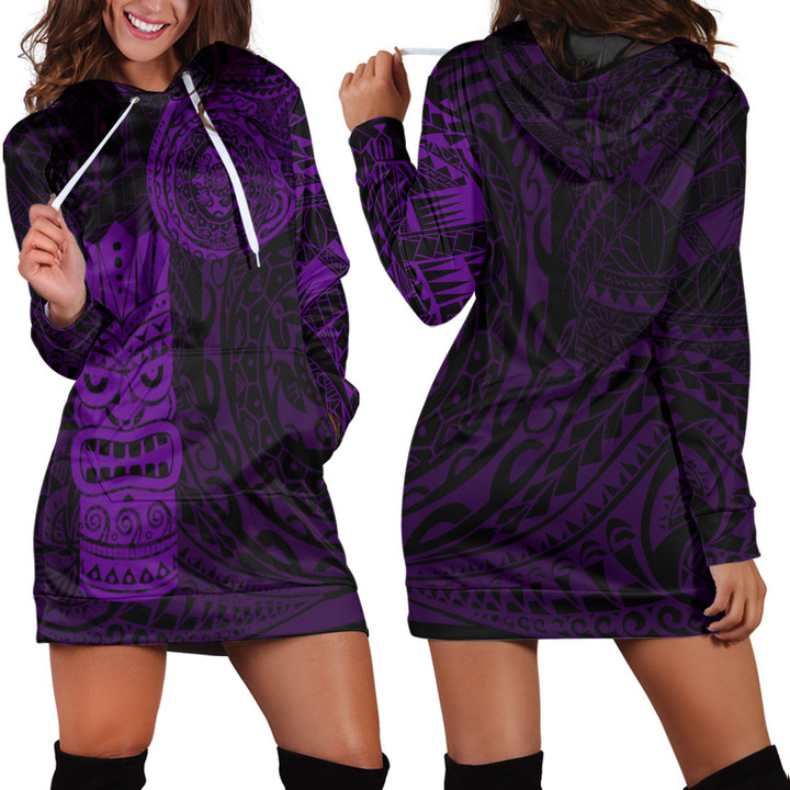 LoveNewZealand Clothing - Polynesian Tattoo Style Tiki - Purple Version Hoodie Dress A7 | LoveNewZealand