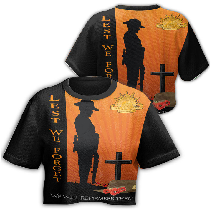 1sttheworld Clothing - Anzac Day Lest We Forget Soldier Standing Guard Croptop T-shirt A31