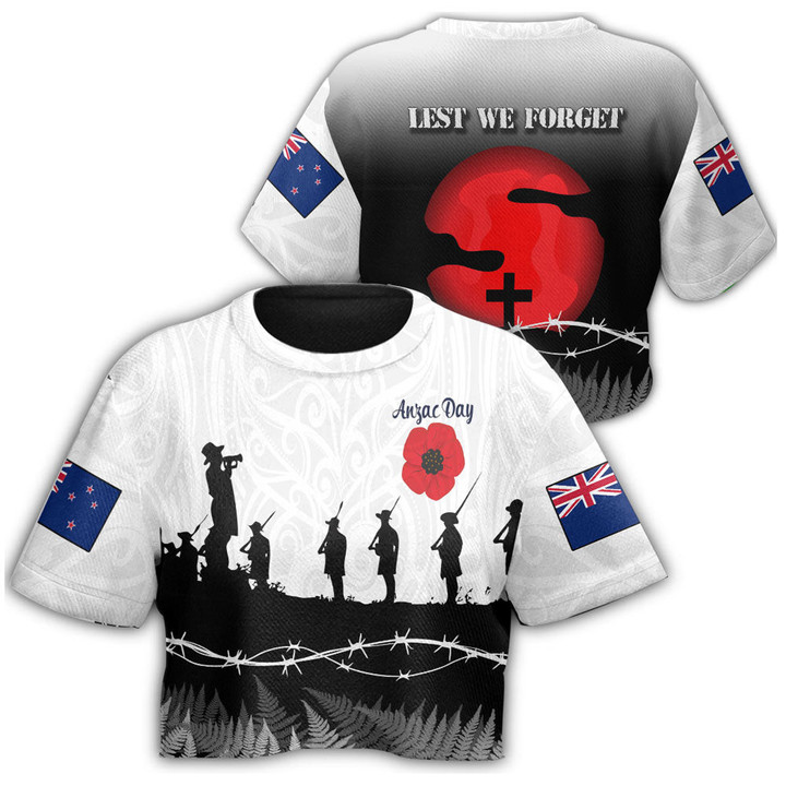 1sttheworld Clothing - New Zealand Anzac Day Silhouette Soldier Croptop T-shirt A31