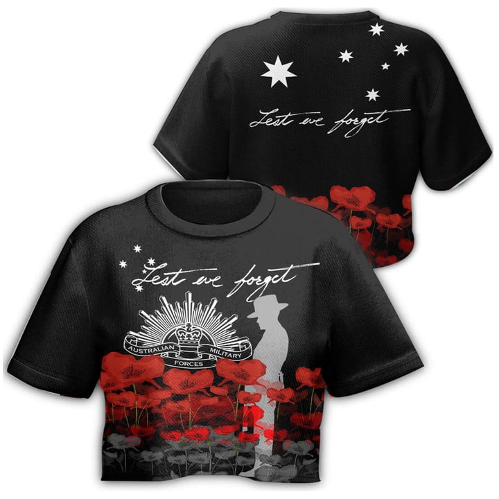 1sttheworld Clothing - Australian Military Forces Anzac Day Lest We Forget Croptop T-shirt A31