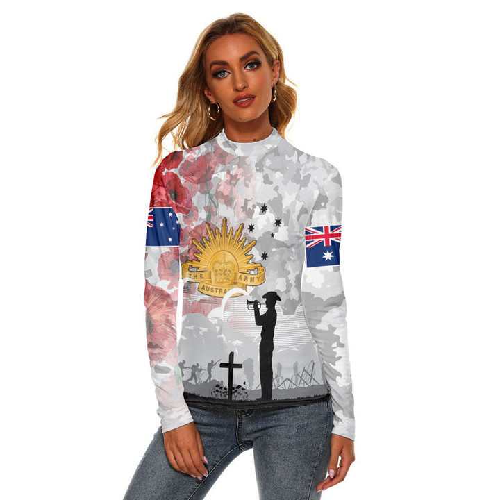 1sttheworld Clothing - Anzac Day Lest We Forget Camouflage & Poppy Women's Stretchable Turtleneck Top A31